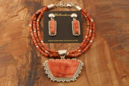 Artie Yellowhorse Genuine Spiny Oyster Shell Sterling Silver Pendant,  Necklace and Earrings Set